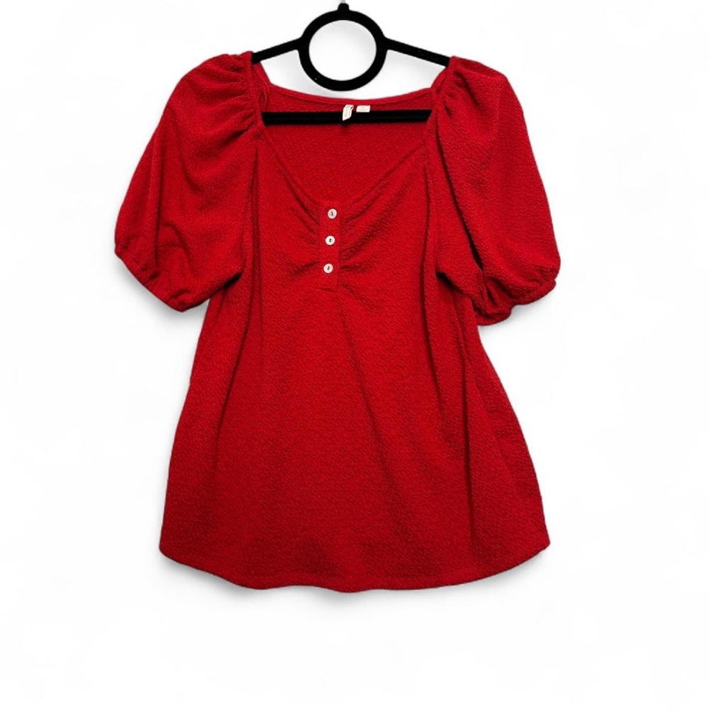 Cato M Red Textured Peasant Blouse Boho Cottagecore Puff Sleeve Top Button Front
